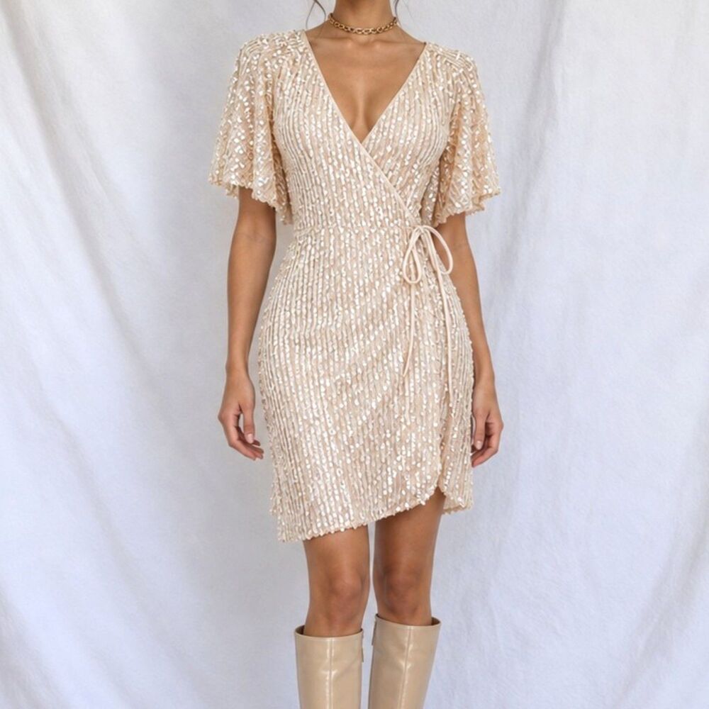 Vintage Zara Off White Cream Ruffle Short Sleeve Wrap Flared Sequin Dress M/L